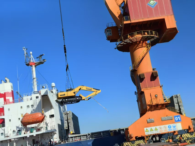 Excavator Being Loaded and Shipped from Port